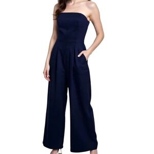 Monteau Los Angeles Strapless Jumpsuit Women's‎ L Navy Blue Linen Blend Wide Leg